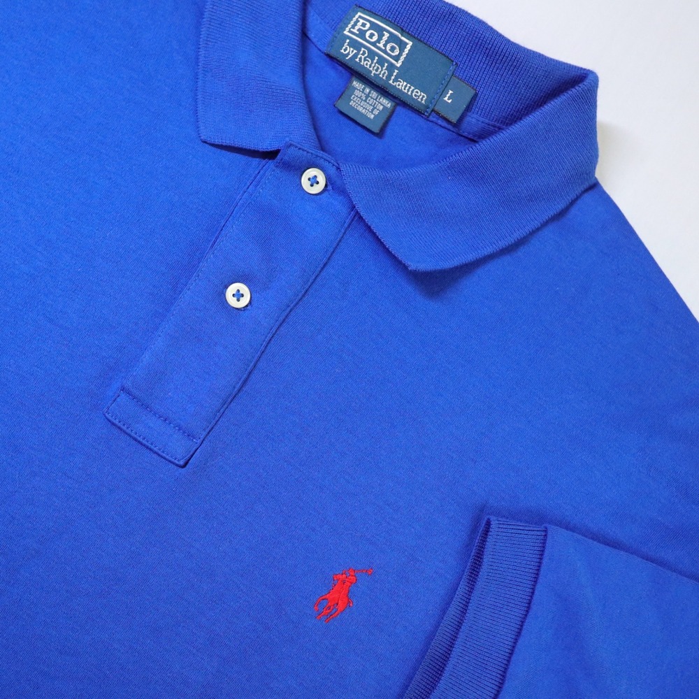 Vintage Polo Ralph Lauren Blue Polo Shirt Men's L Red Pony Tapered Soft Cotton